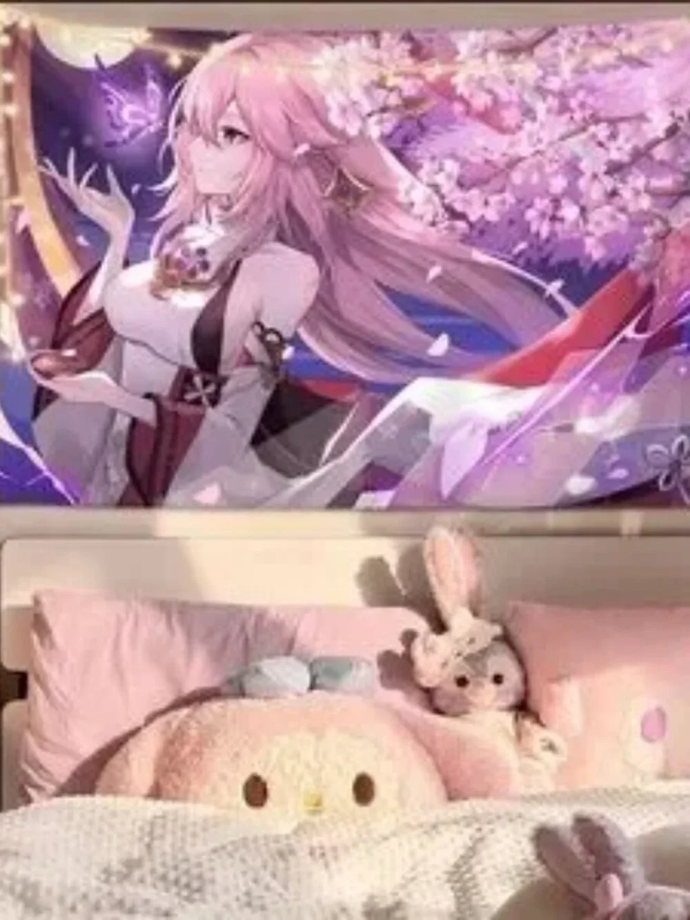 The Genshin Impact Wall Tapestry with Pink and Purple Design